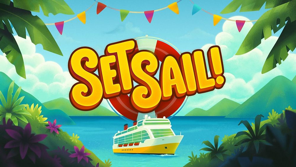 Set Sail! artwork: a cruise ship on a tropical bay, this year’s Discovery Club theme